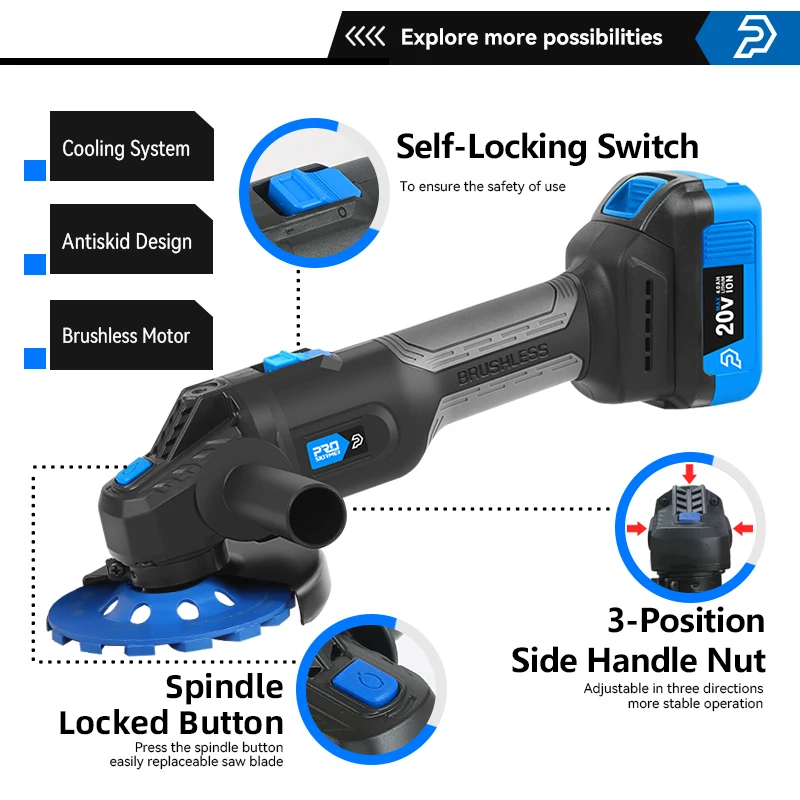 20V Brushless Angle Grinder 125MM Marble Grinder Metal Electric Cutting Machine Powerful Professional Power Tool PROSTORMER