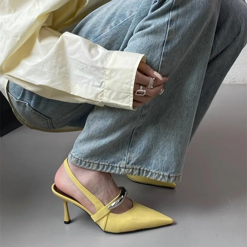 Women New Baotou Sandals Fashion Solid Color Pointed Toe Thin Heel Shoes Daily Commute Minimal Versatile Ladies High Heels