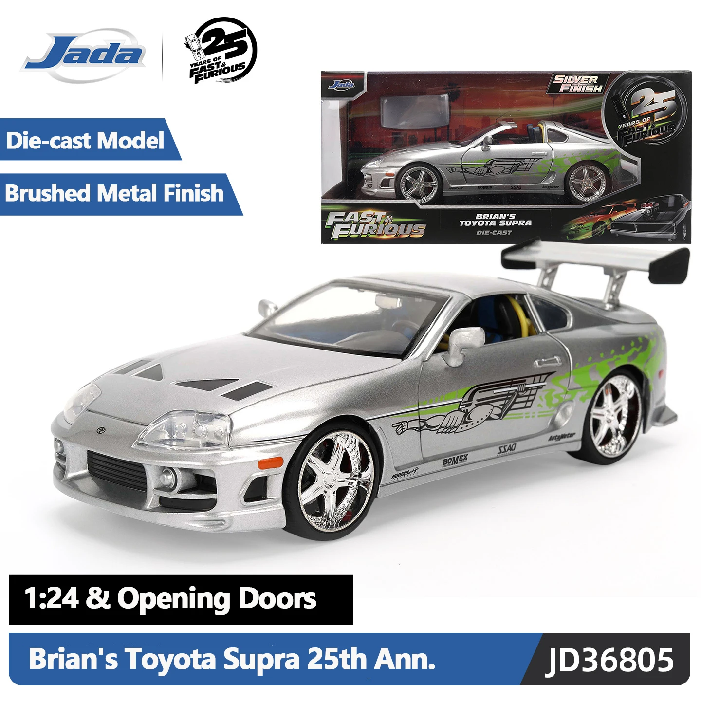 JADA 1:24 25th Anniversary The Fast and the Furious – Brian’s Toyota Supra Premium Paint Finish Candy Silver Window Box JD36805