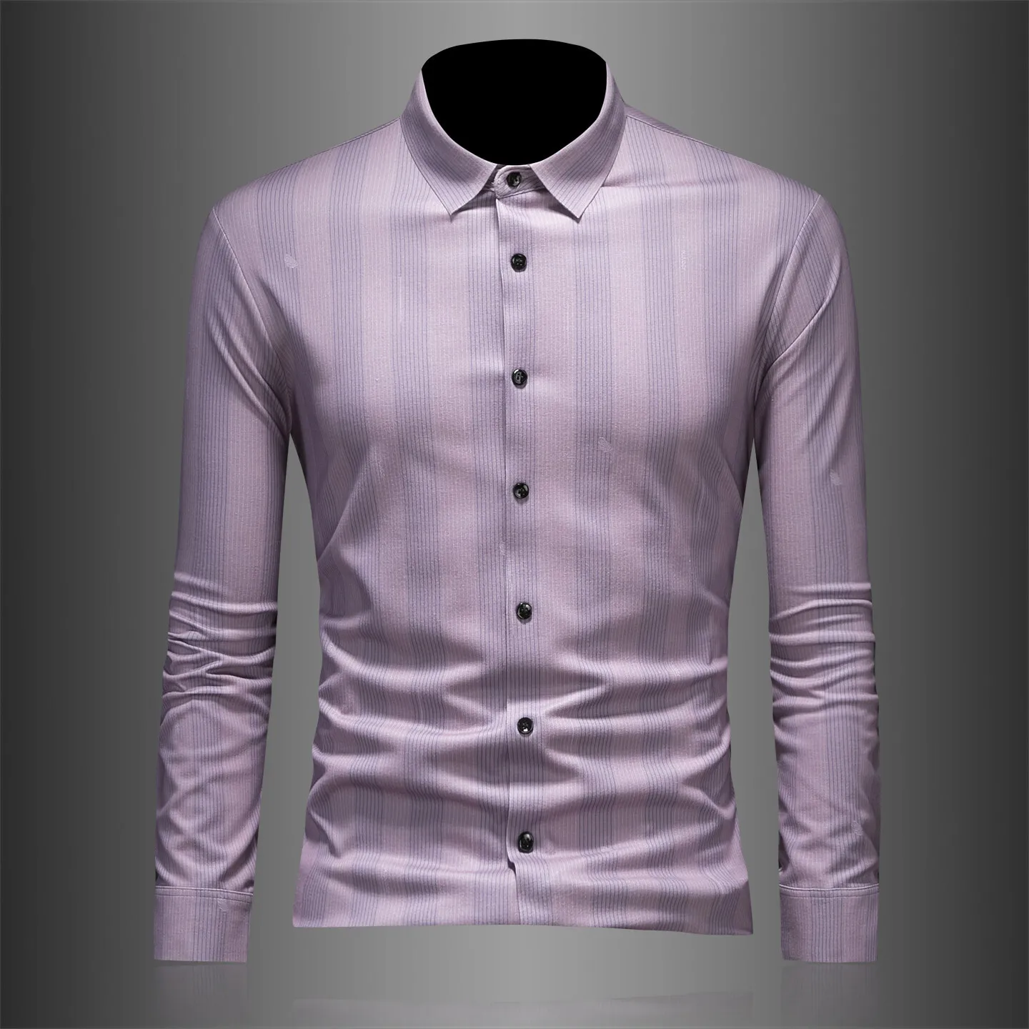 

Fashionable Striped Long Sleeve Men's Shirt Silk Luster Standard Fit PU Leather Casual Style Four Season Versatile Youth Clot...