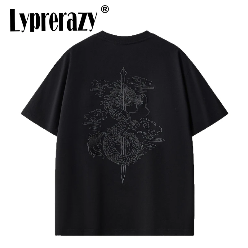 Lyprerazy Summer New Round Neck Cotton Short-sleeved T-shirt Men's Tide Brand Dragon and Sword Embroidery Loose T Shirt
