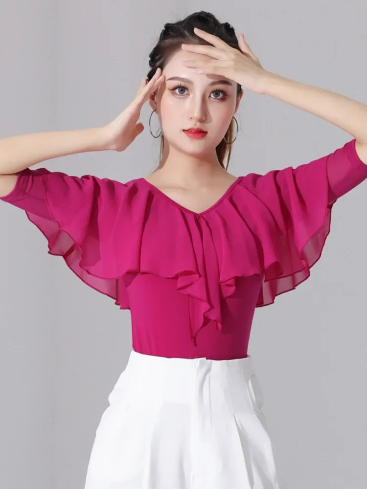 Ruffle Latin Dance Practice Waltz Tops 2023 New Ballroom Girl Jazz Solid Color Competition Costume Female Belly T-shirt