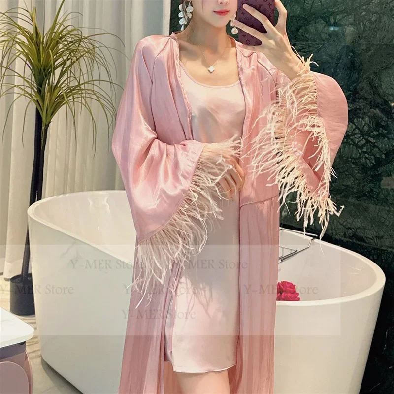 

Pink Long Kimono Bathrobe Gown Set Women Luxury Bride Wedding Dress Suit Satin Loungewear Pajamas Feather Trim Lingerie Pjs