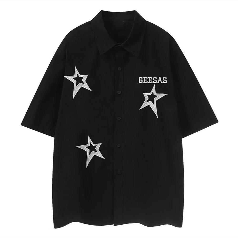 Hip Hip Five-pointed Star Black Shirts Mens Oversized Solid Blouses Cute Button Up Shirt Y2K Streetwear Harajuku Couples Summer