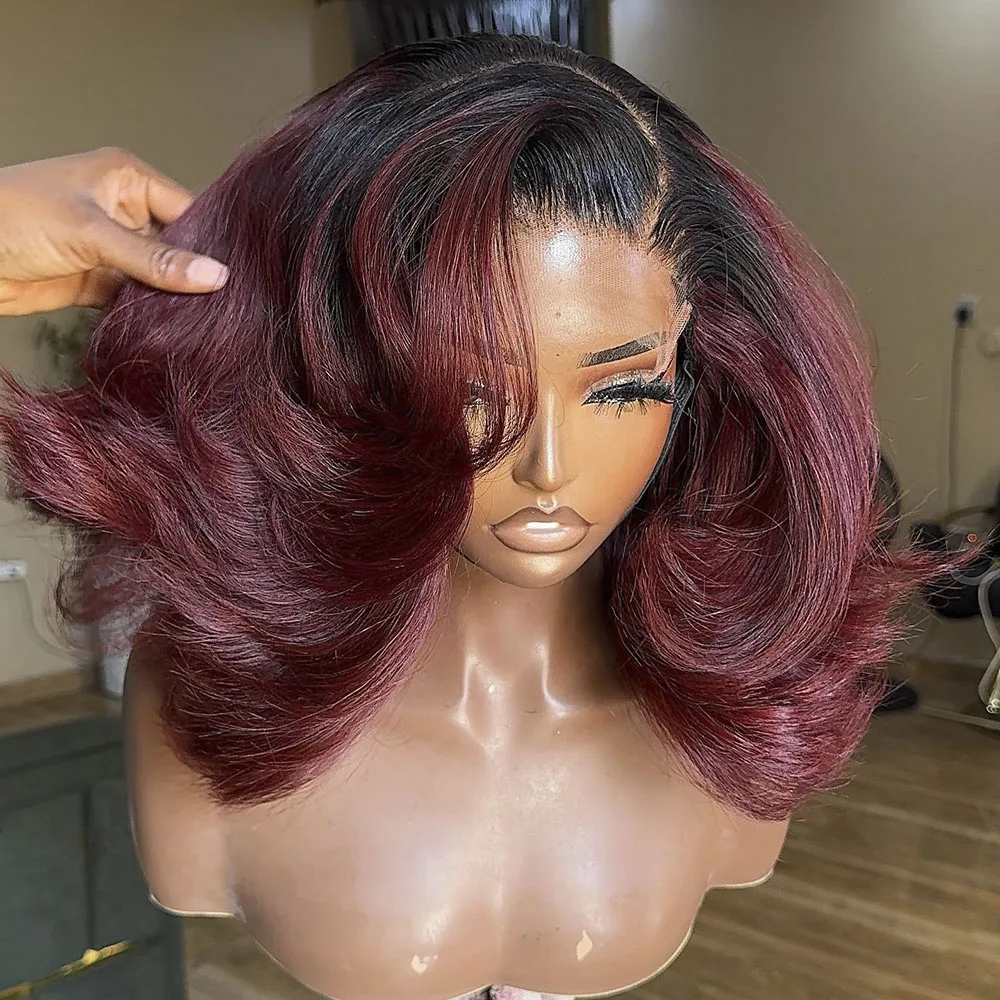 13x4 الدانتيل أمامي 1B/99J بورجوندي الجسم موجة بوب خصلات الشعر المستعار الإنسان البرازيلي خصلات الشعر المستعار الإنسان قبل قطعها T جزء الدانتيل الباروكات شعر ريمي #3