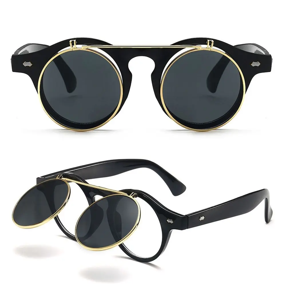 

Korean Round Frame Flip Cover Sunglasses Double Layer Sun-Protective Driving Glasses Punk Eyewear Black Shades Glasses