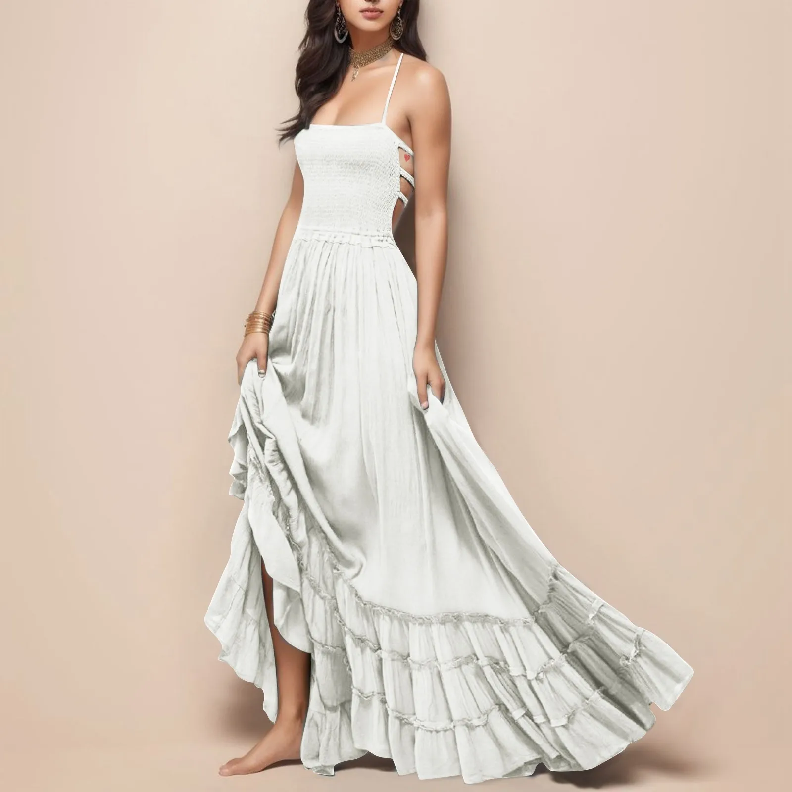 

Women's Cotton Dress Halter Long Dress Hanging Neck Long Skirt Backless Bohemian Beach Dress Solid Sleeveless Ruffled Dress