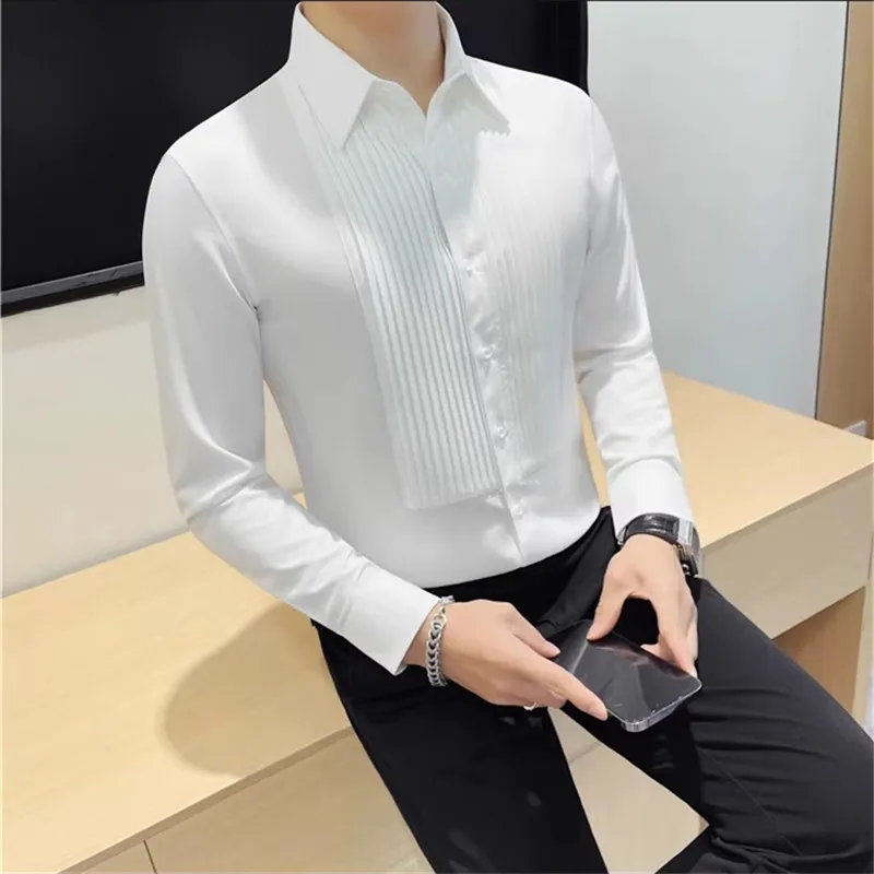 High Quality Long Sleeve Shirt Men Pleated Fold Tuxedo Shirt Mens Solid Color Smart Casual Slim Fit Formal Wedding Dress Blouses