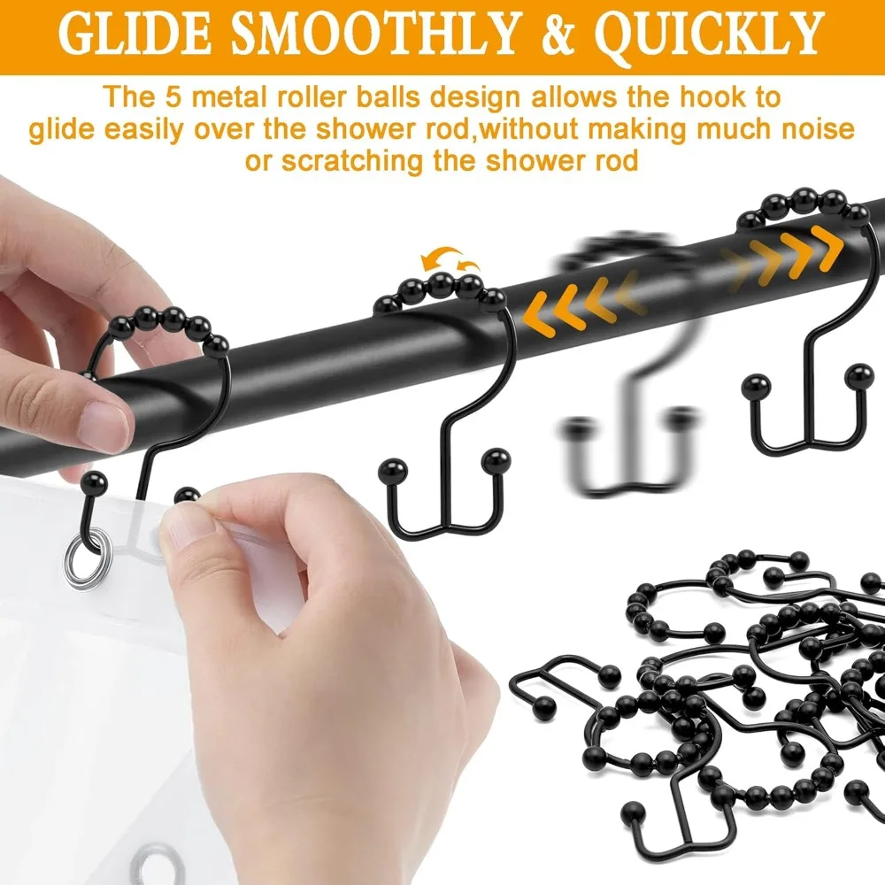 Shower Curtain Hooks, 12 Pcs Rustproof Metal Shower Curtain Rings,Free Sliding Double Shower Hooks for Shower Curtain & Liners, Shower Curtain Hangers for Bathroom Shower Curtain Rods Curtains (Black) view 3