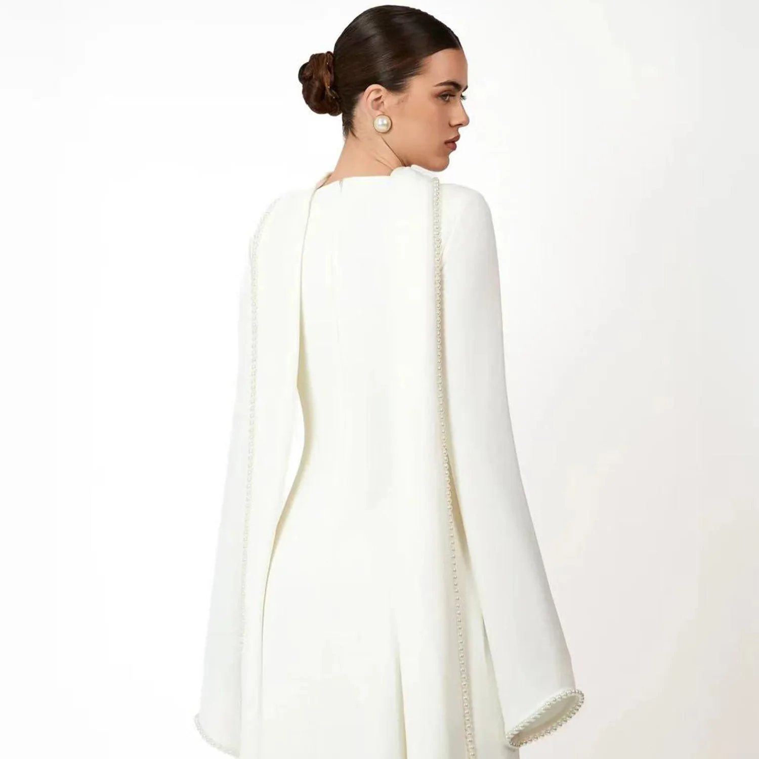 Elegant Cape Abaya With Pearl Trim Long Sleeve Waist Slim Muslim Maxi Dress Dubai Kaftan For Wedding Party Eid Ramadan Vestidos