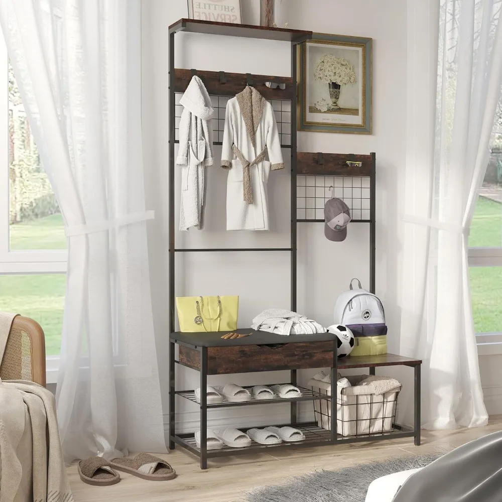 

Дерево для прихожей 4-в-1 с ящиком для хранения и мягкой подушкой — промышленная скамейка для прихожей, античный коричневый, для родителей и чи