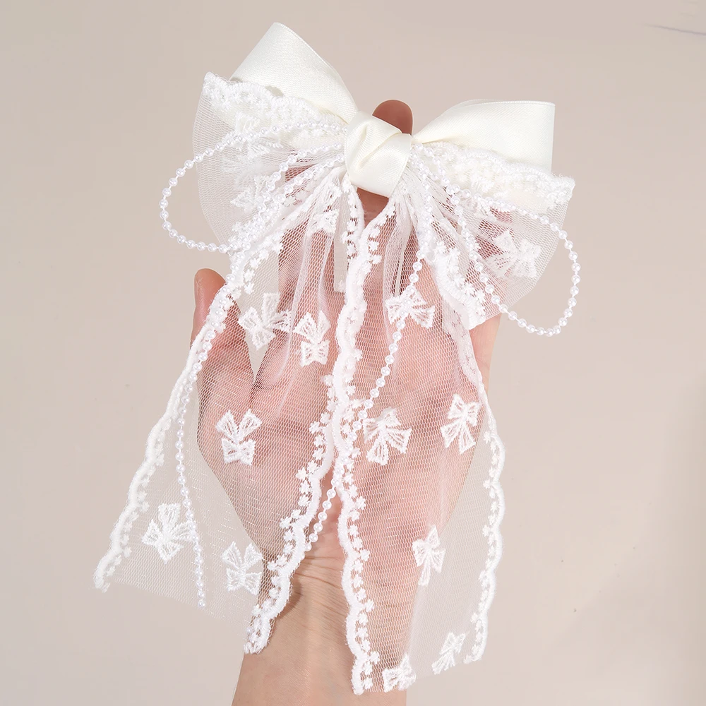 تول القوس مشبك شعر الحلو شبكة الشيفون المرقعة Bowknot دبوس الشعر أنيقة حبات اللؤلؤ مشبك الفتيات النساء غطاء الرأس اكسسوارات #2