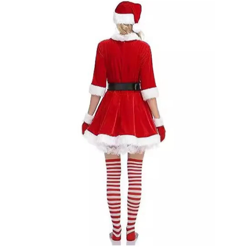 Ladies Christmas Party Dresses 4pcs/suit Velvet Mrs Santa Claus Cosplay Costume Xmas Party Fancy Dress Suit With Belt