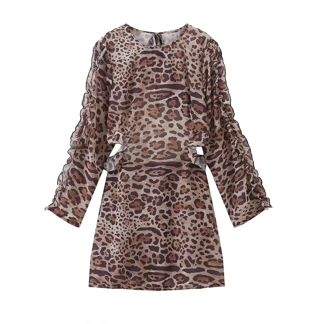 

TRAFZA Women Summer New Long Sleeved Leopard Printed Back Cutout Dress Female Crew Neck Above Knee Length Lace-up Vestidos Dress