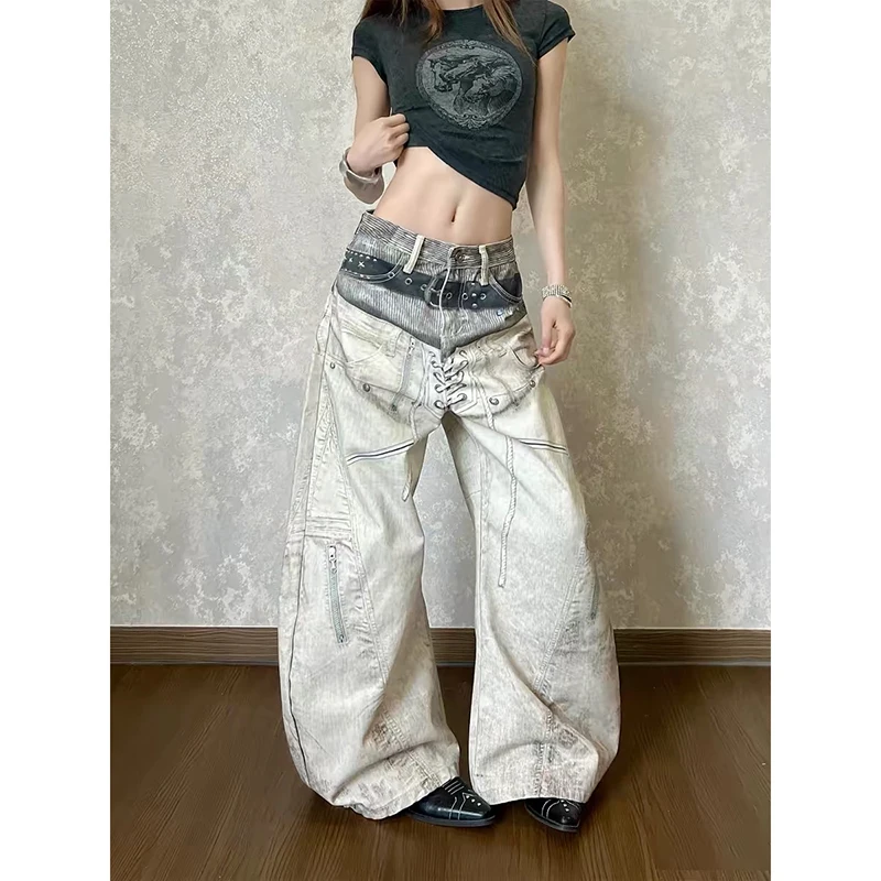 YIBASHU Women Blue Y2k 3D Print Jeans American Vintage 2000s Harajuku Grunge Denim Trousers Baggy Wide Leg Long Jean Pants 2026
