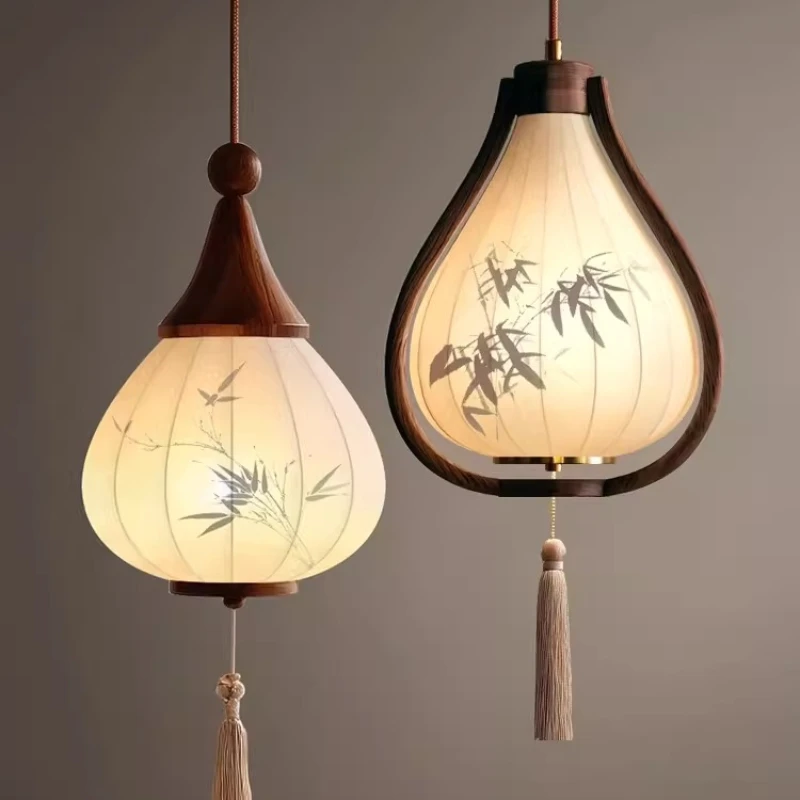 French Vintage Teardrop Shape Printing Fabric Ceiling Pendant Light Living Room Bedroom Restaurant Tea House Wooden Hanging Lamp