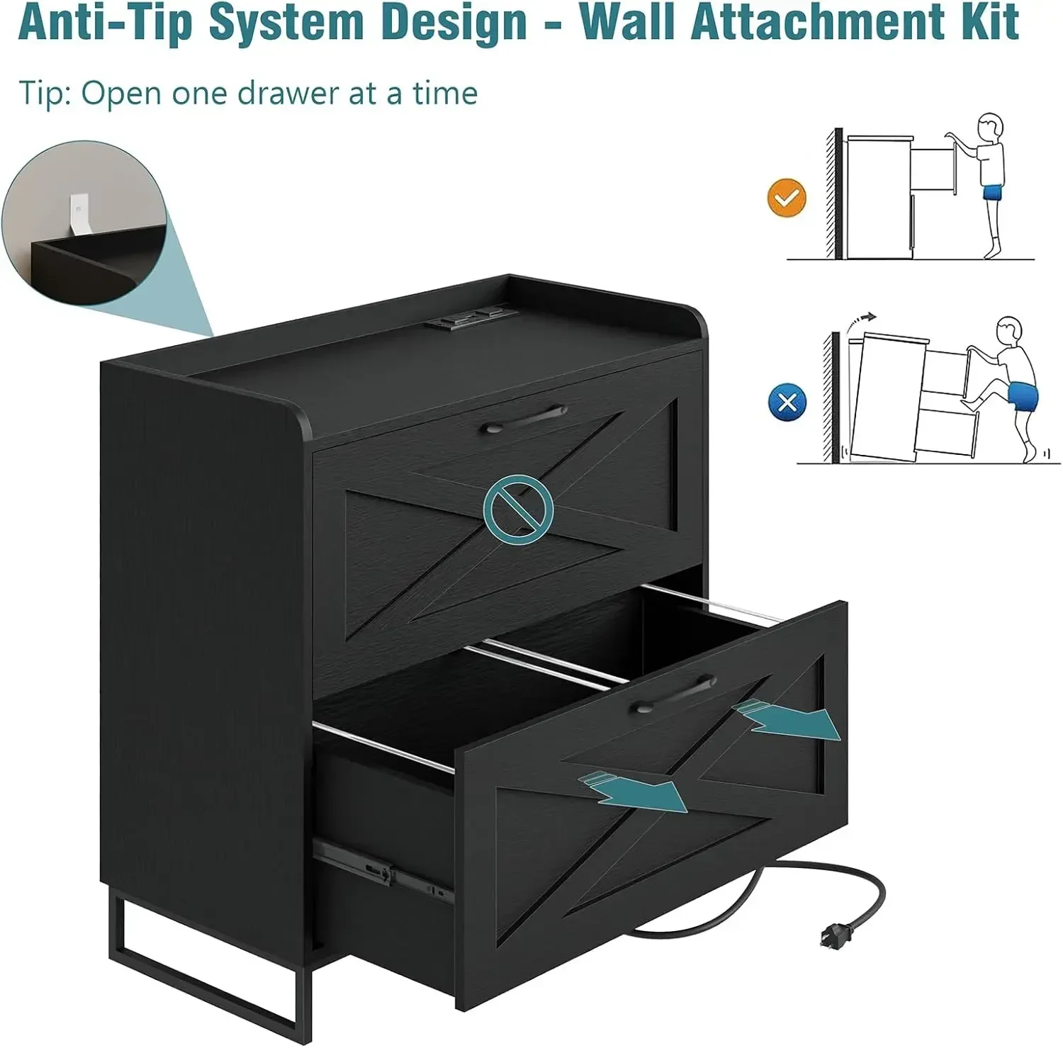 Two Drawer Lateral File Cabinet Printer Stand With Charging Station For Hanging Legal Letter A4 Files Storage For Home Office