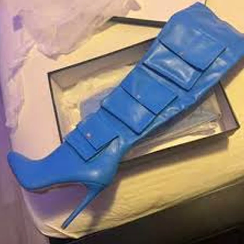 

Bold Blue Pointed Toe Pocket Design Stiletto Thigh Boots Woman Winter 2026 Slingback Over-The-Knee Boots Party Nightclub Shoes