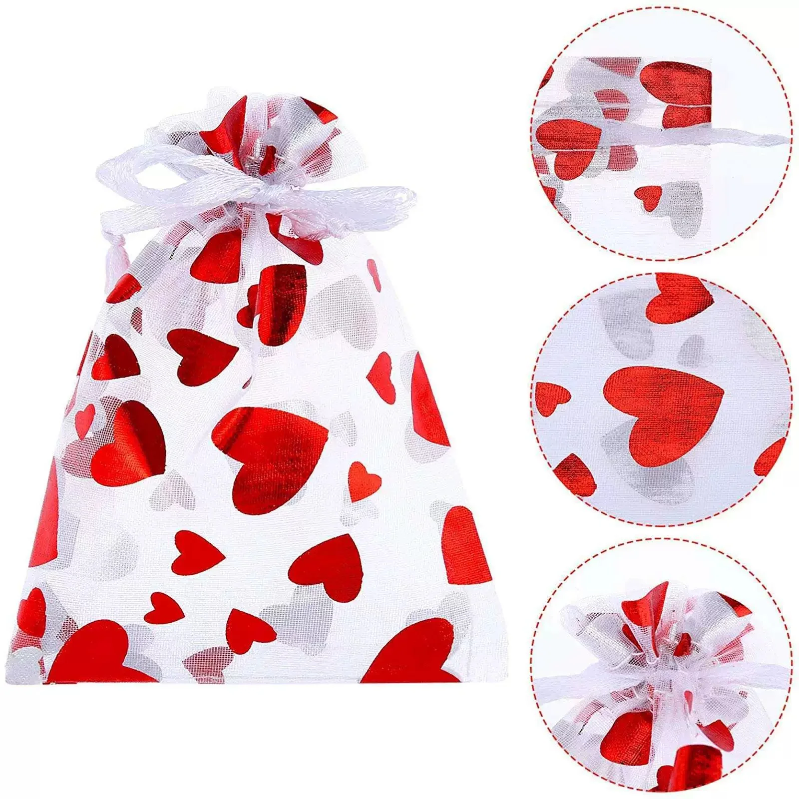 50Pcs Red Heart Organza Bags Jewelry Packaging Wedding Party Decoration Drawable Gift Pouches for Jewelry Storage