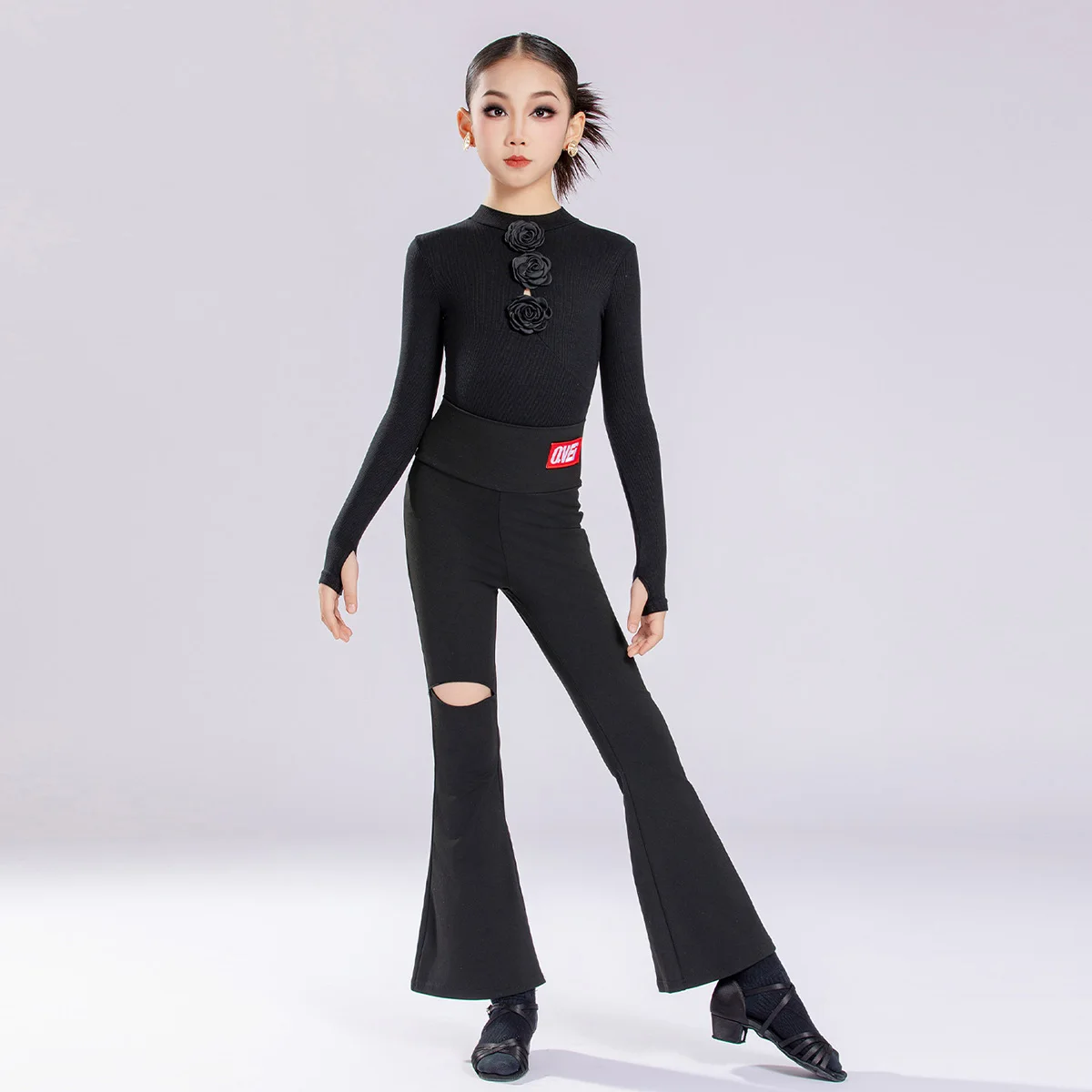 

Детский костюм для латиноамериканских танцев для девочек: боди с цветочным узором и расклешенные брюки, тренировочный комплект для детей, одежда для бальных танцев