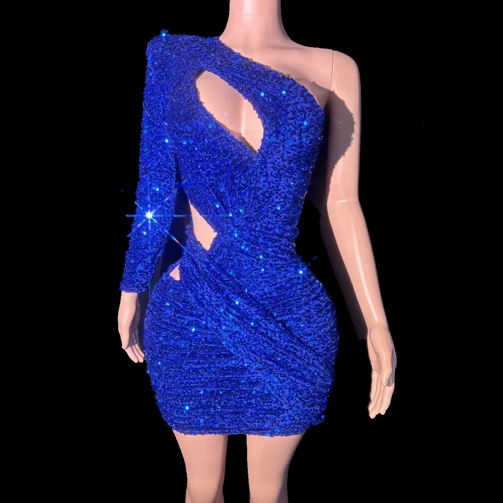 Sparkly Sequins Short Dress for Women Sexy One Shoulder Party Evening Celebrate Birthday Dress Show Performance Stage Costume