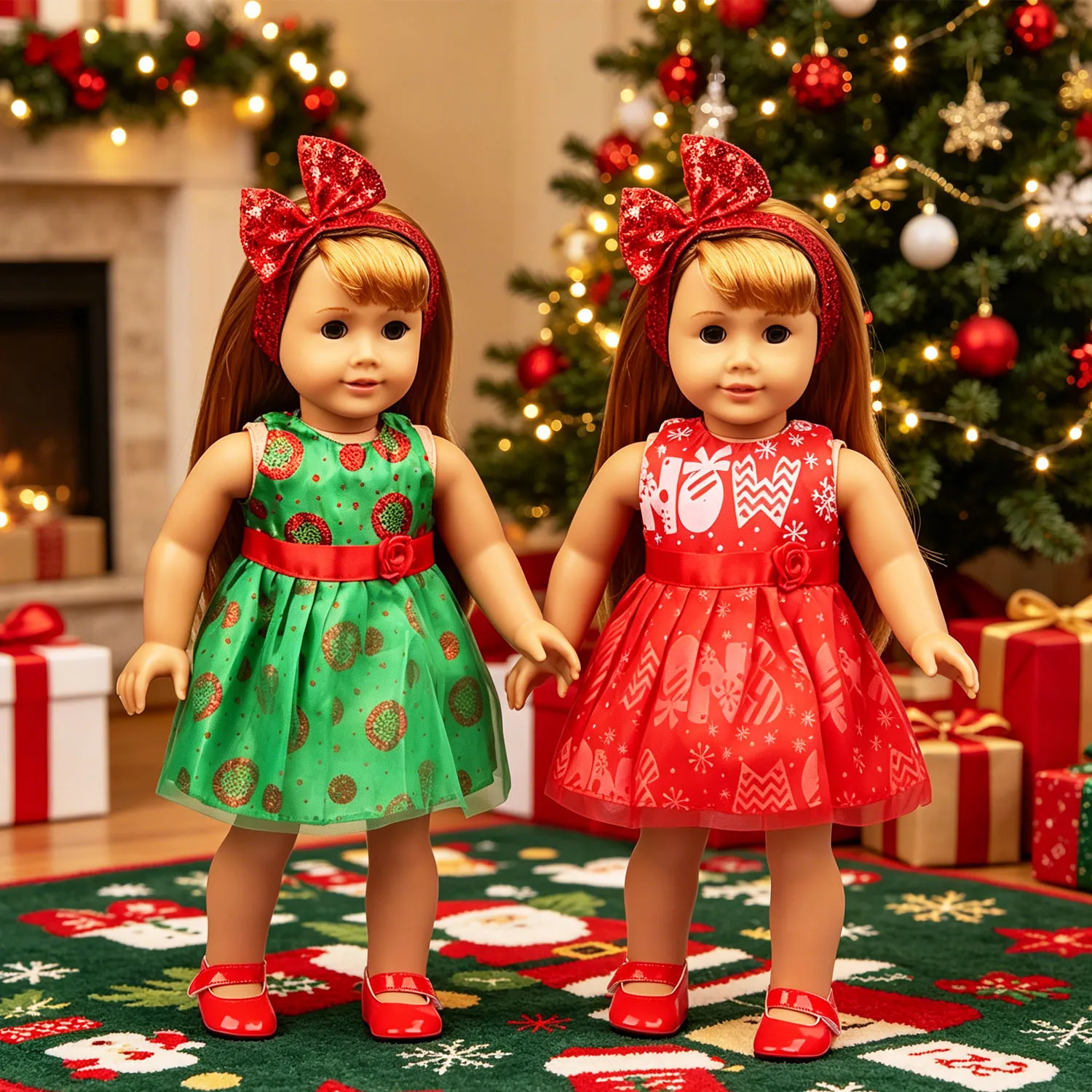 Cute Holiday Doll Party Dresses Green & Red Festive Print  Dress with Glitter Bow Headband for 18 Inch American &OG Girl Dolls
