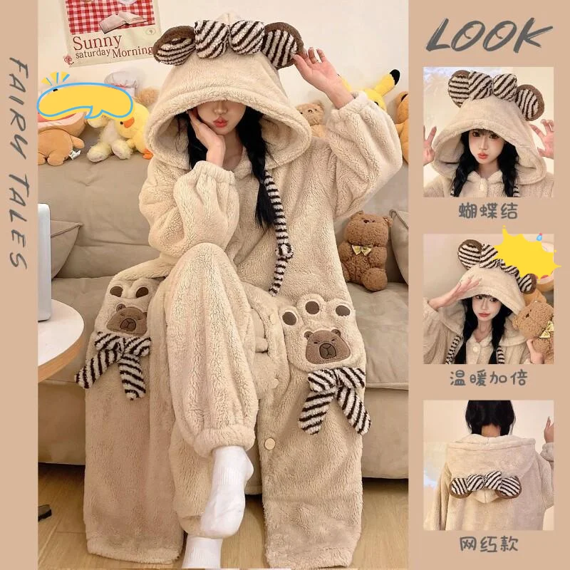 

Women's pajamas Comfortable Sleepwear Cotton Pajama Set winter autumn Thick Coral Fleece Long Robe Flannel Teen Home Suit