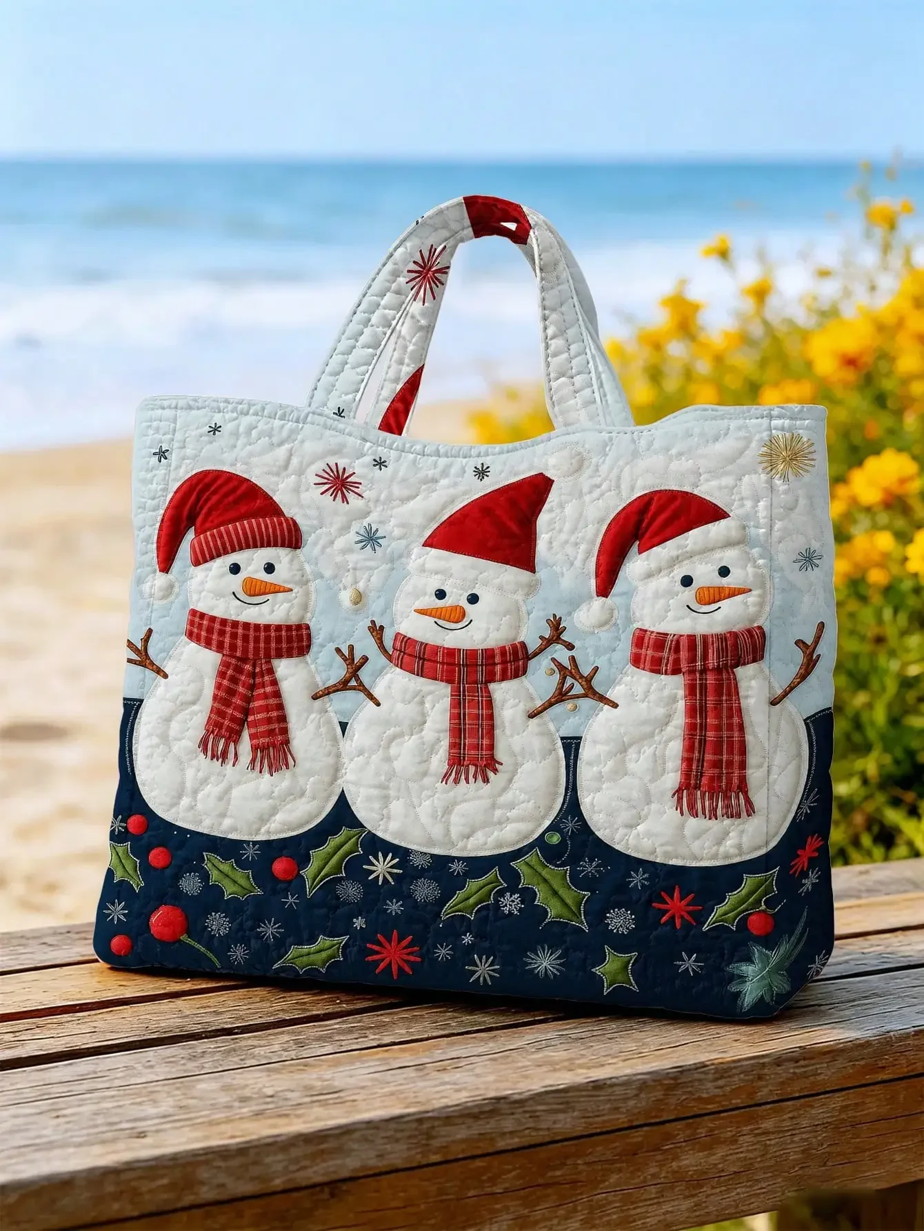 1PC Christmas Snowman Patchwork Quilted Tote Bag, Handbag, Open Design (No Zipper), 2D Flat Printing Soft, Lightweight, Durable, Not Easy To Wrinkle, Multi-Functional Travel And Daily Handheld, Daily Casual Carrying, Shopping Travel Bag,Suitable For Girls