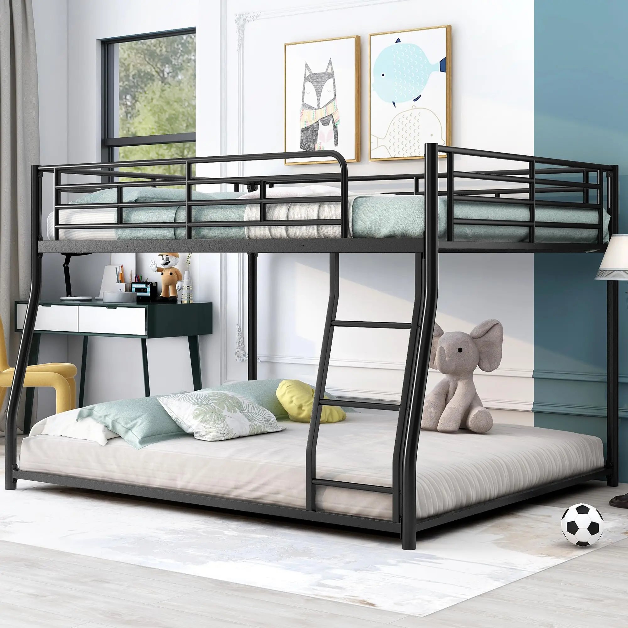 Twin XL Over Queen Floor Bunk Bed, Easy Assembly Heavy Duty Metal Bunk Bed with Enhanced Upper-Level Guardrail/Inclined