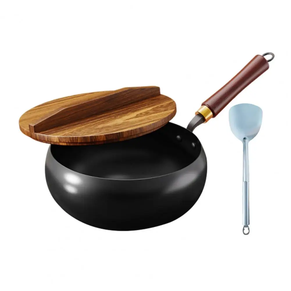 مقلاة غير مطلية من الحديد التقليدي مقلاة من الحديد الزهر التقليدية مع غطاء مقبض خشبي ملعقة غير لاصقة للغاز للقلي