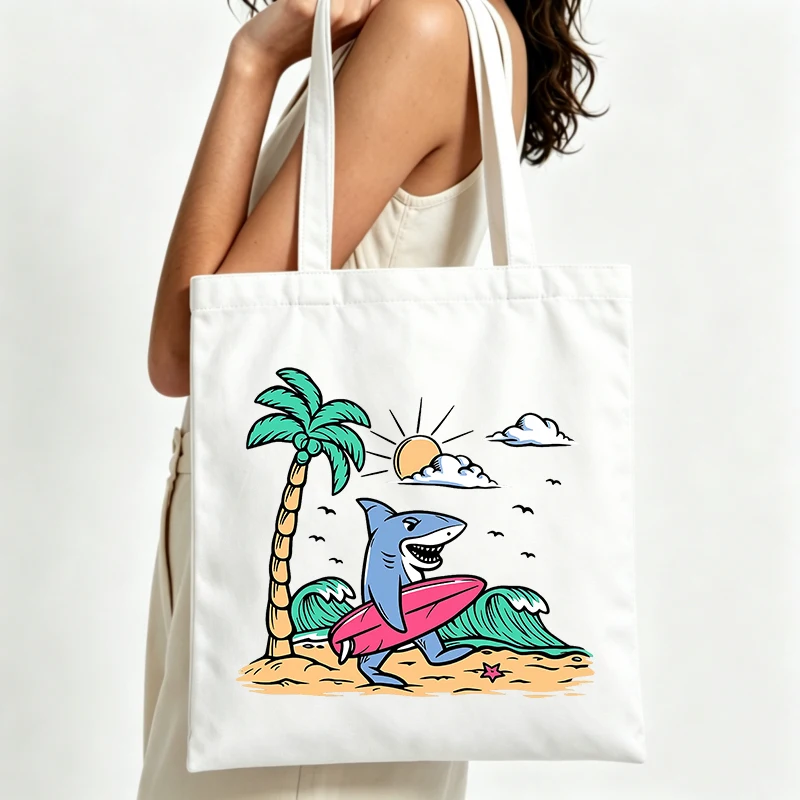 shark with surfboard graphic canvas tote bag, casual style for beach outings and summer shopping