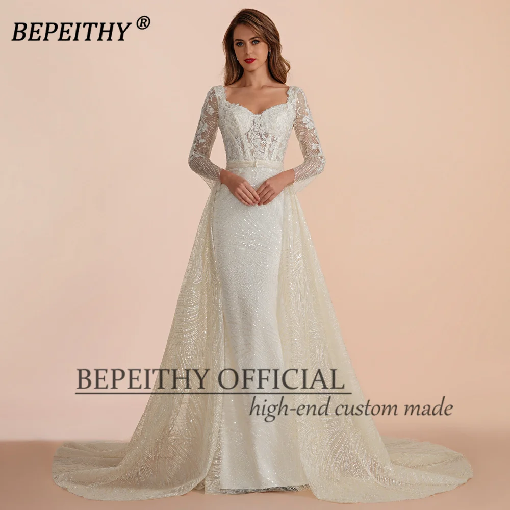 BEPEITHY-vestido de noche de encaje personalizado, ocasión Formal con mangas completas para mujer, vestido de fiesta de cola de corte cuadrado, gran oferta 2023