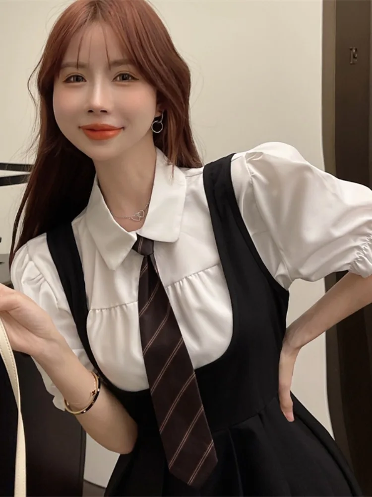 

Collar Tie Shirt Short Sleeve Women's Dress Two-Piece Set Korean Style Commute Pure Desire Backless Summer Outfit