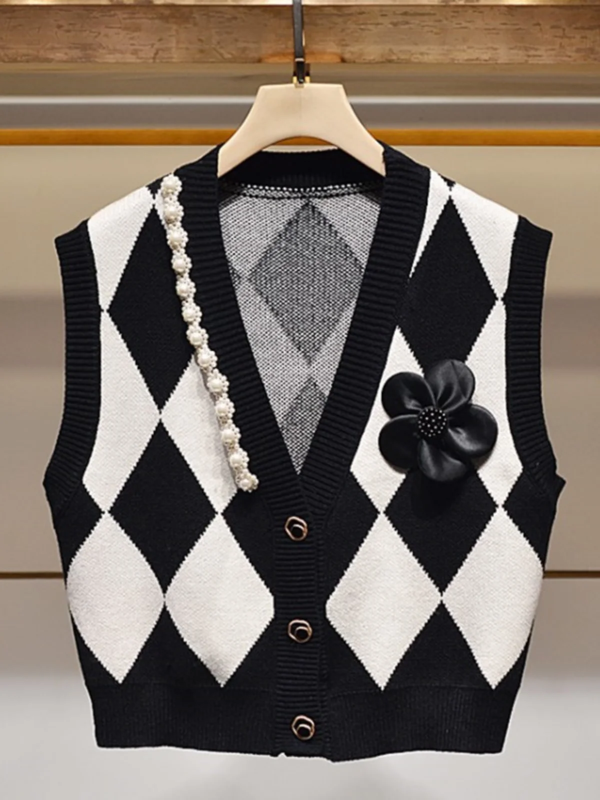 

Koja женский вязаный шерстяной жилет осень-зима с v-образным вырезом и цветочным принтом из бисера клетчатая верхняя одежда обычной длины с застежкой на одной пуговице
