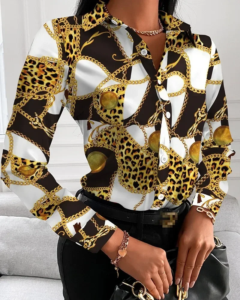 Women\'sS-XXLsizeAutumn loose sleeved V-neck button printed shirt shirt for women versatile and fashionable showcasing a relaxed