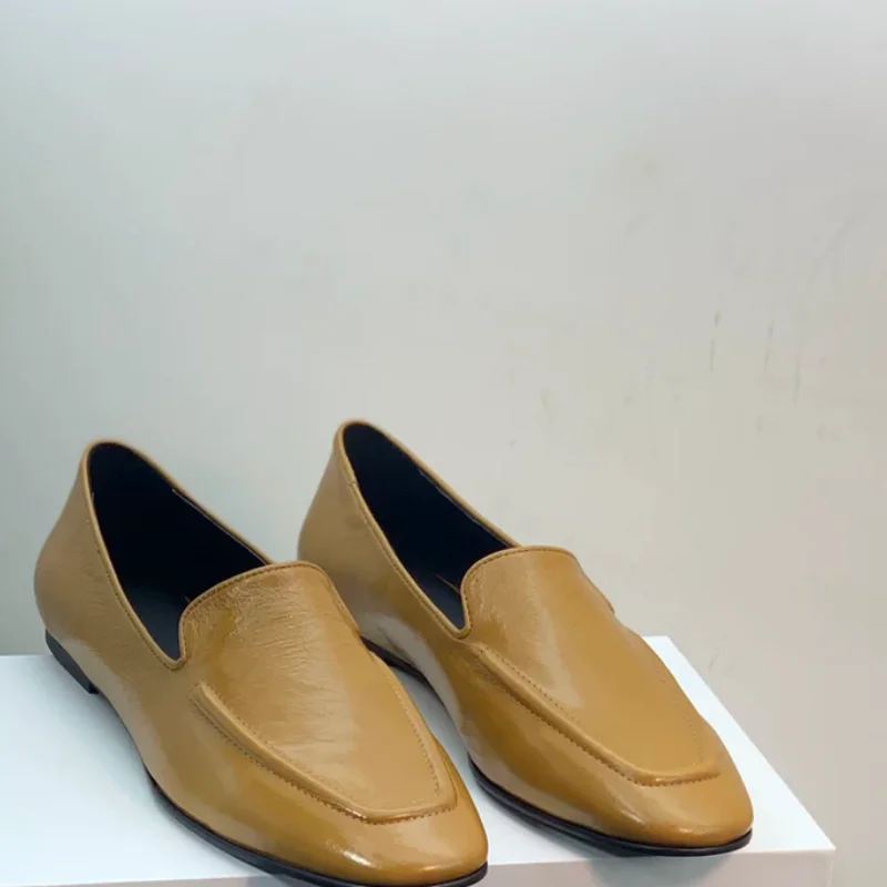 Sewing Lines Shoes for Womens Square Toes Flat Heels Shallow Female Loafers Shallow Zapatos Mujer Solid Real Leather Chassure