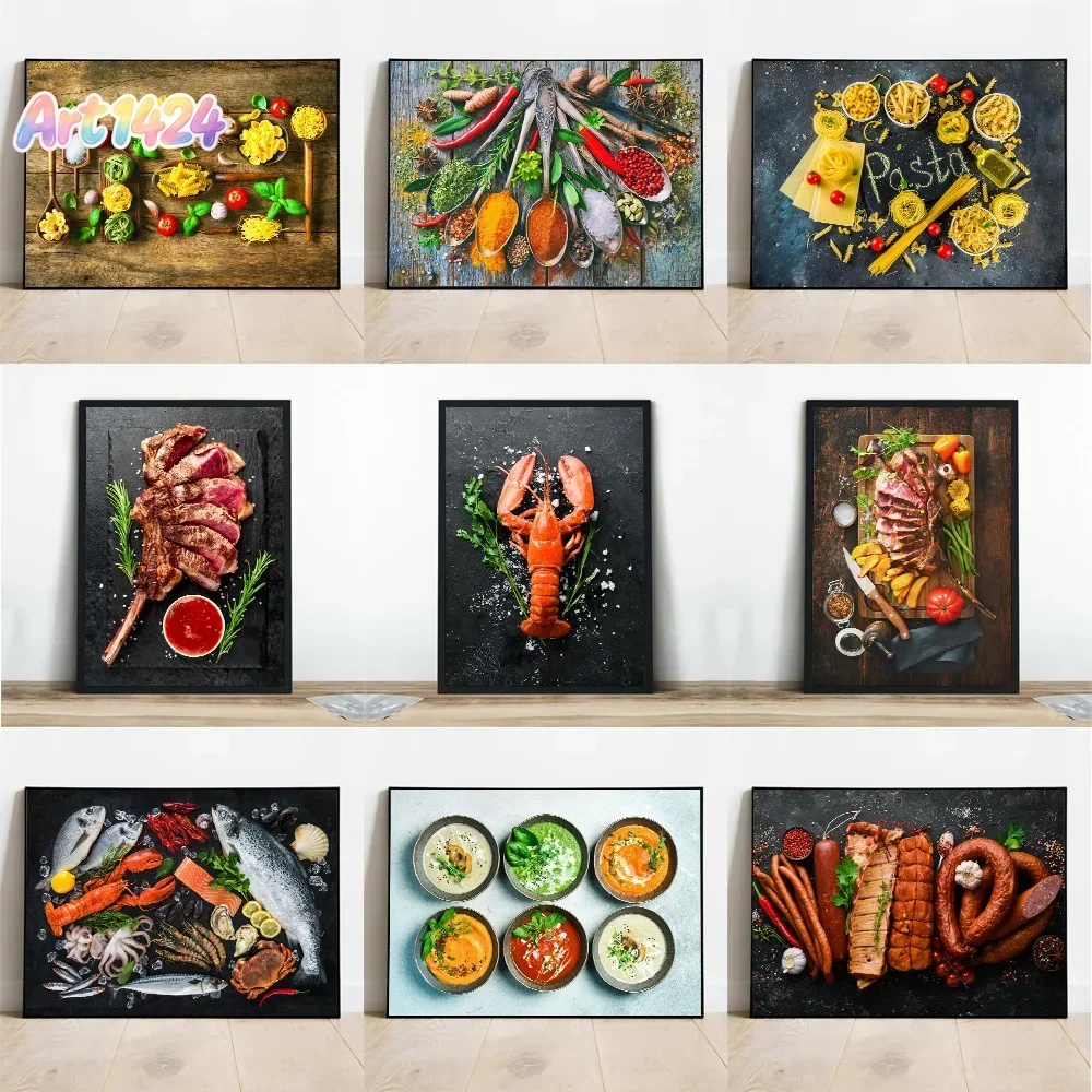 Kitchen Wall Art Spice Food Posters And Prints Steak Lobster Soup Western Restaurant Decorative Canvas Painting Mural Picture