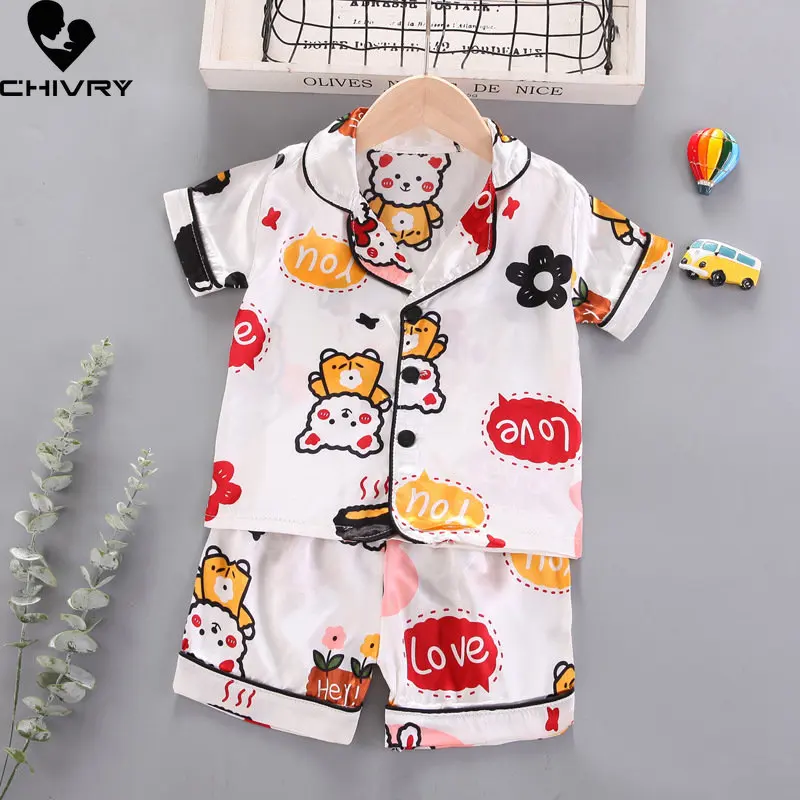 

New Kids Boys Girls Silky Pajamas Sets Cartoon Short Sleeve Lapel Shirt Tops with Shorts Baby Summer Loose Sleeping Homewear