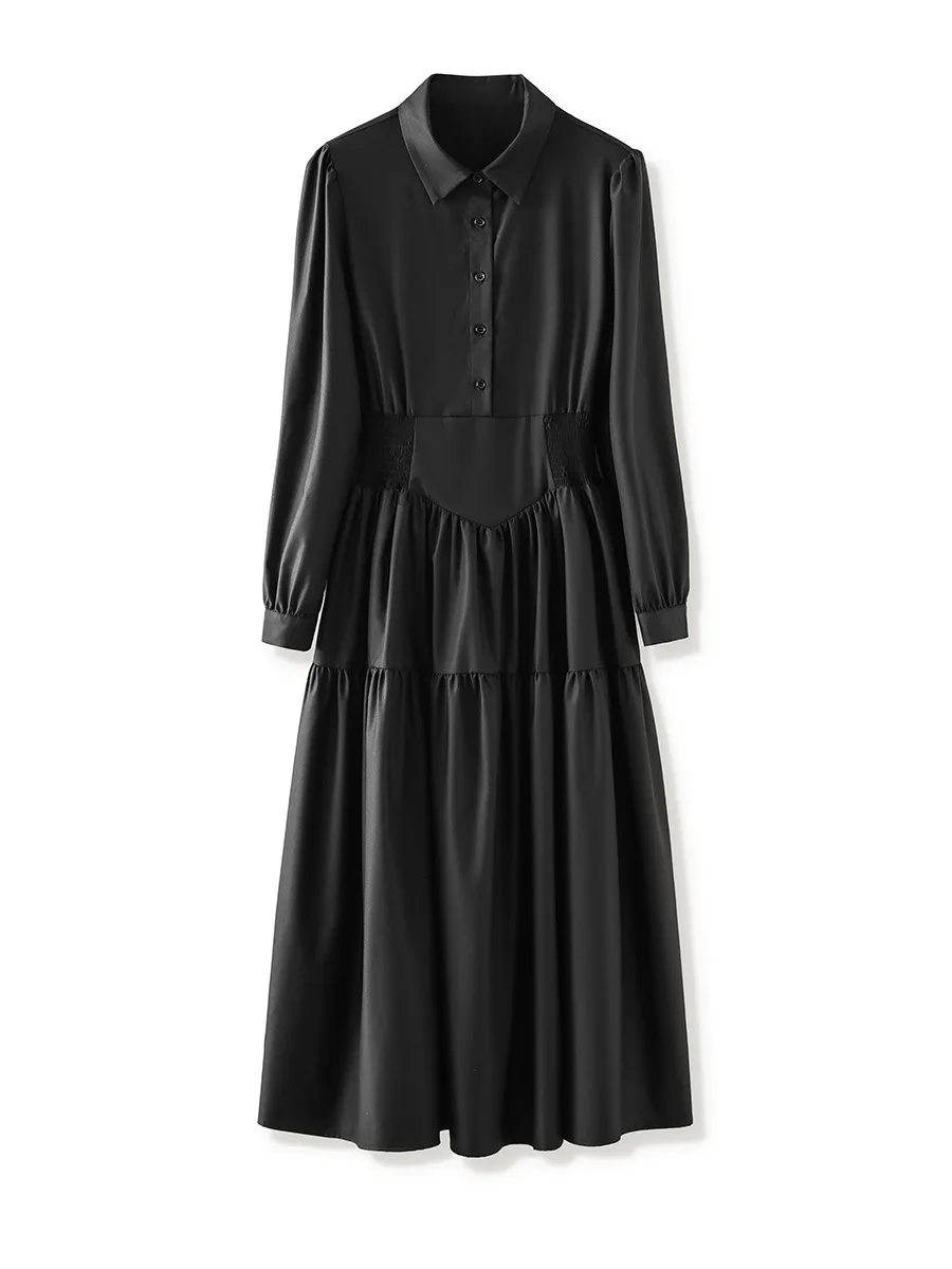 ZJYT Fashion Women Autumn Long Sleeve Midi Shirt Dress Black 2024 Turn Down Collar Brief Office Casual Dresses Elegant Vestidos