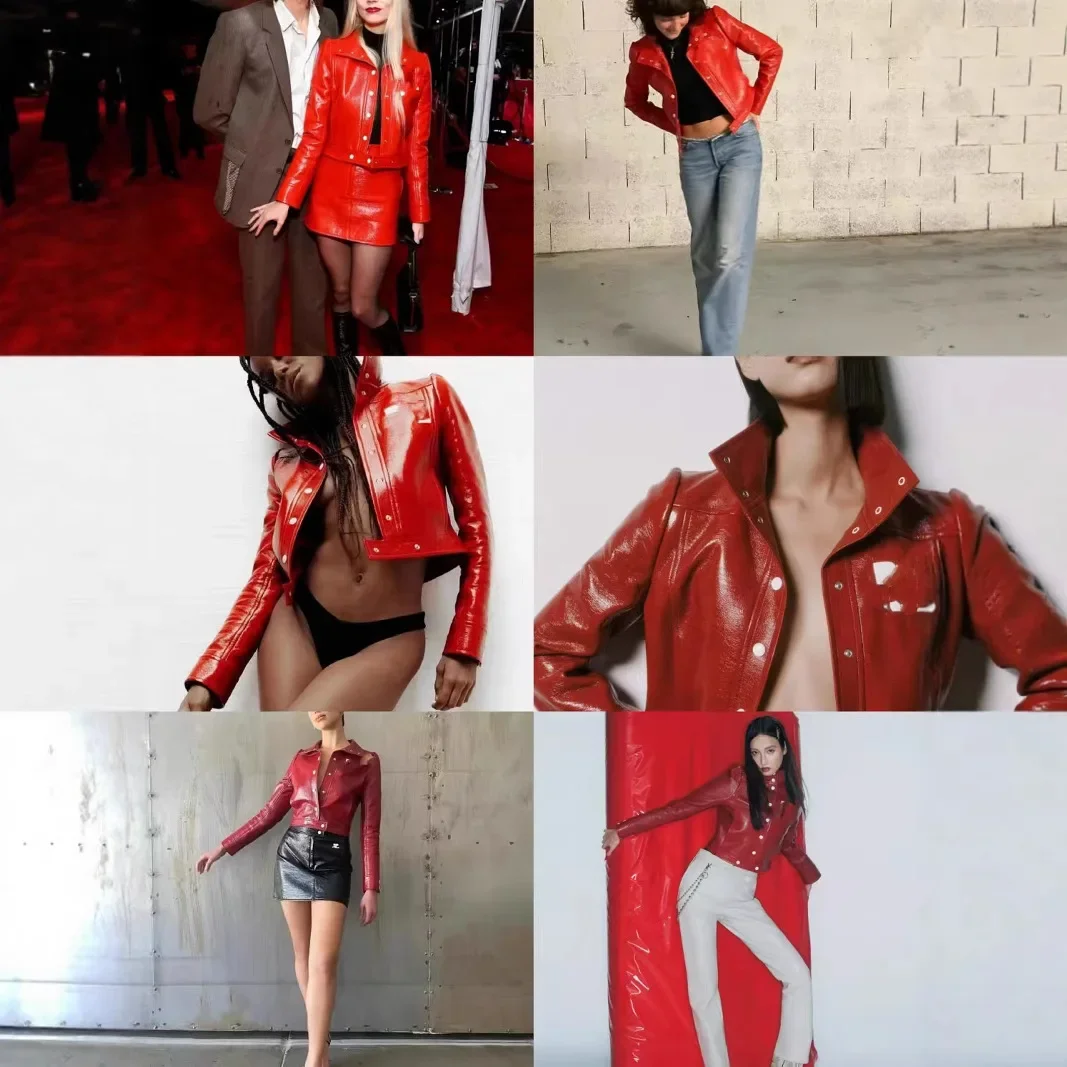 Dámská módní luxusní bunda z umělé kůže s logem French Cou a logem Silhouette, černá, vínově červená, krátký kabát, poloviční sukně - náhled 2