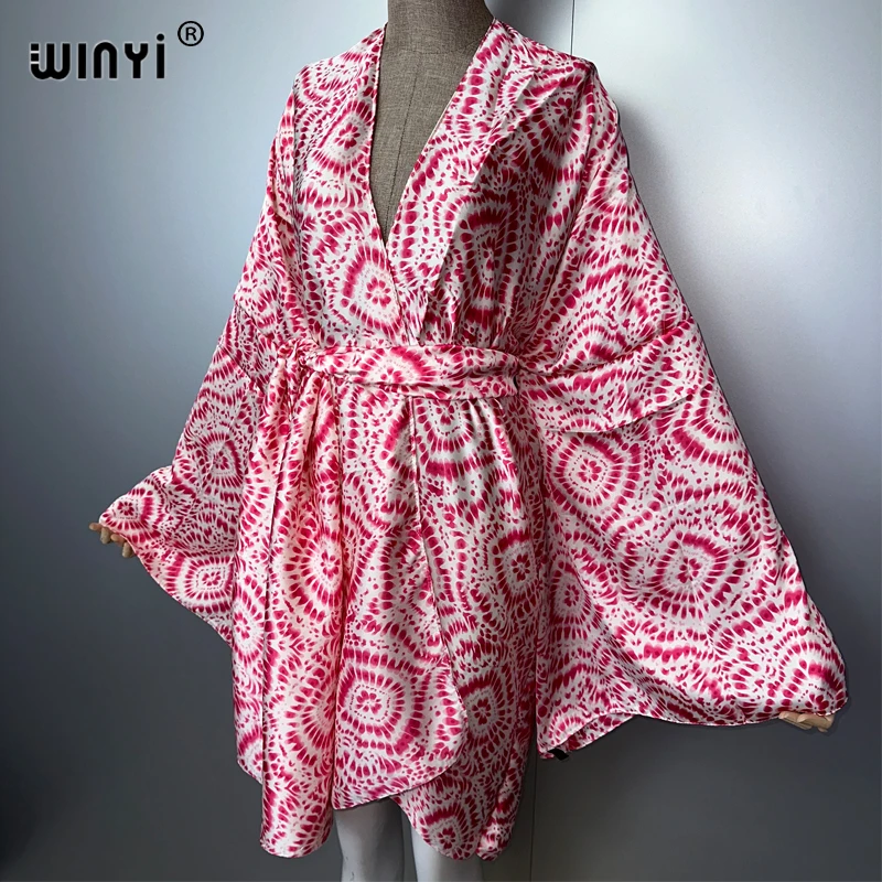 WINYI, trajes de playa tipo kimono con tinte anudado, traje de baño para mujer, cárdigan bohemio, punto, cinturón automático, abrigo estampado de manga larga para vacaciones