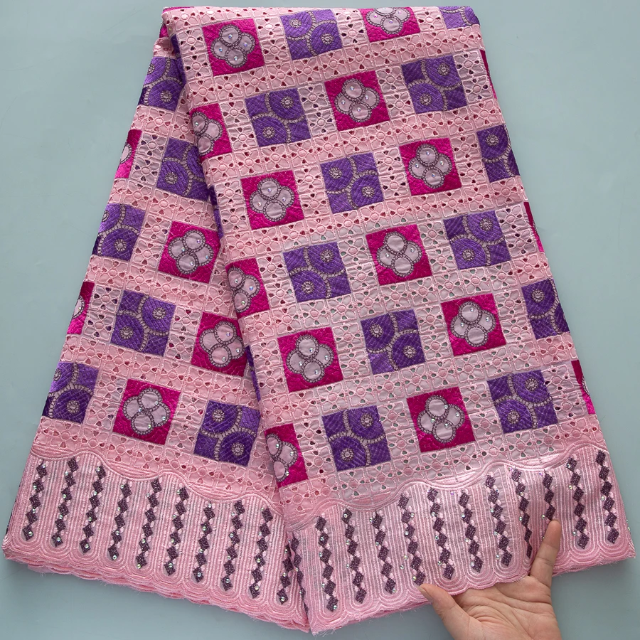 Afrikanischer Baumwoll-Spitzenstoff – 5 Yards Schweizer Voile, bestickte Steine, Öse, nigerianisches traditionelles ethnisches Muster, Textil für Kleid