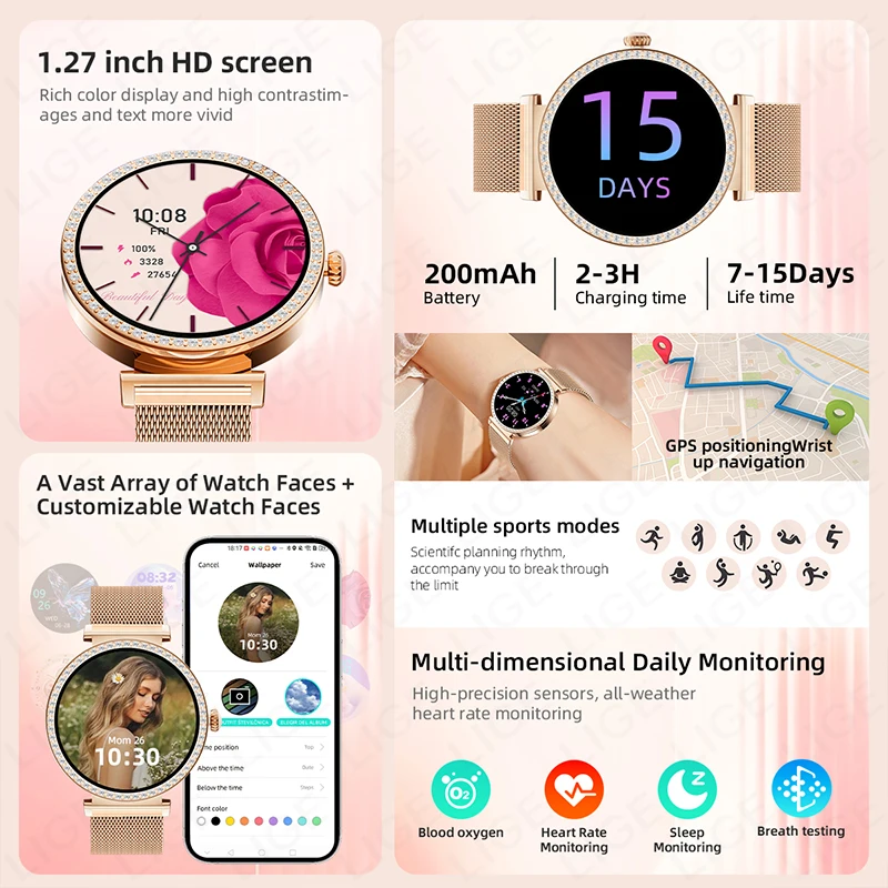 LIGE GPS Ultra-thin Smart Watch Ladies Bluetooth Call Custom Dial Sports Heart Rate Health Tracking Waterproof Women Smartwatch