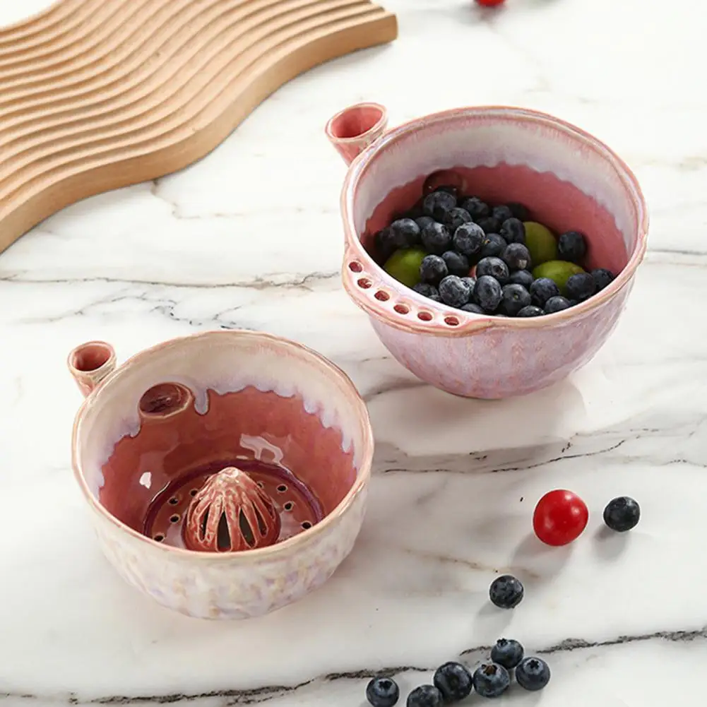 Vegetable Bowl Ceramic Colander for Berries Ceramic Berry Washing Bowl with Handle Drain Holes Stoneware Fruit Rinse Colander