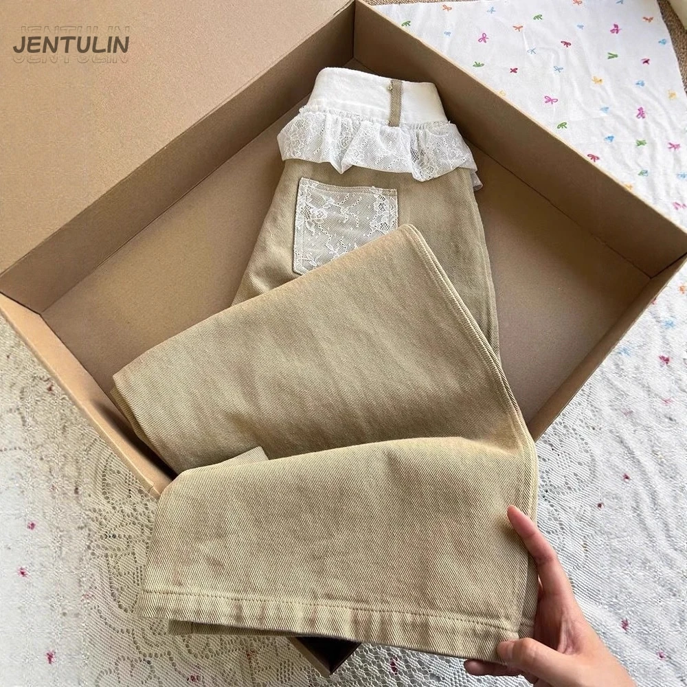 Women High Waist Wide Leg Cargo Pants With Lace Ruffle Waistband Loose Straight Trousers Streetwear Daily Fall Winter Bottoms