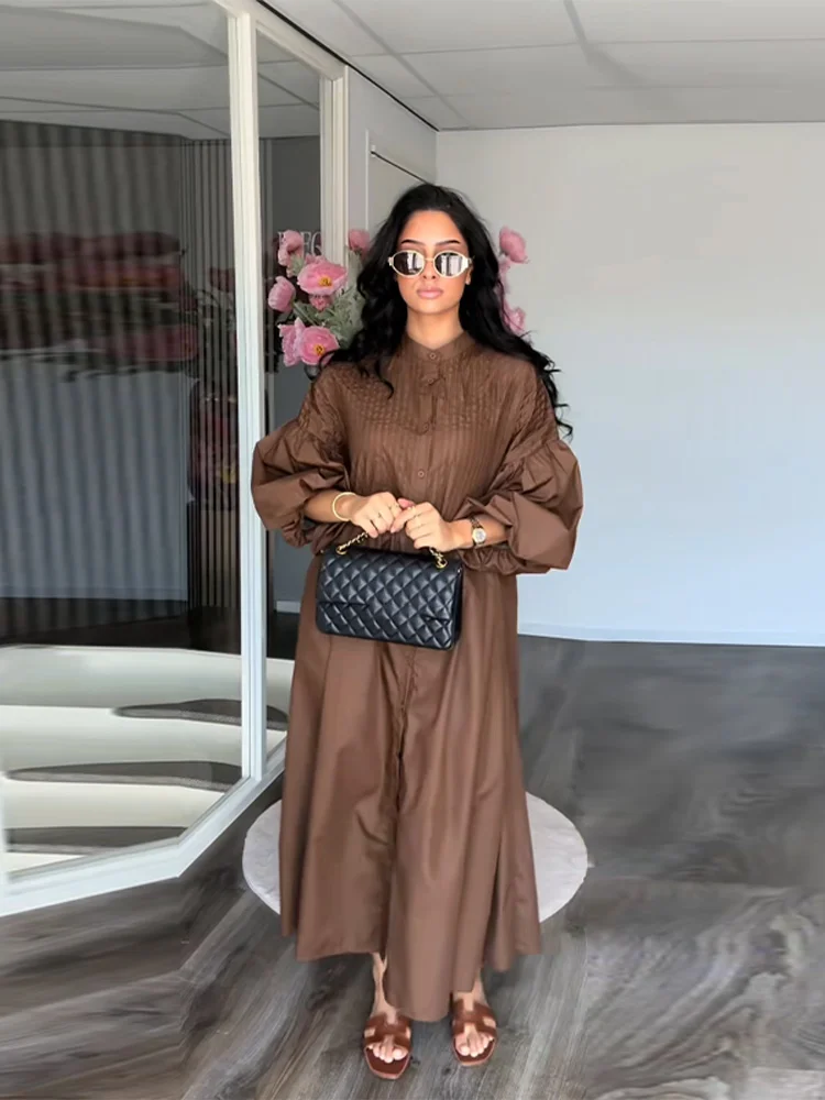 

Chic Solid Puffy Sleeve Long Dresses Women Casual Loose Single Breasted Pleated Dress Female New Fashion Street Party Vestidos