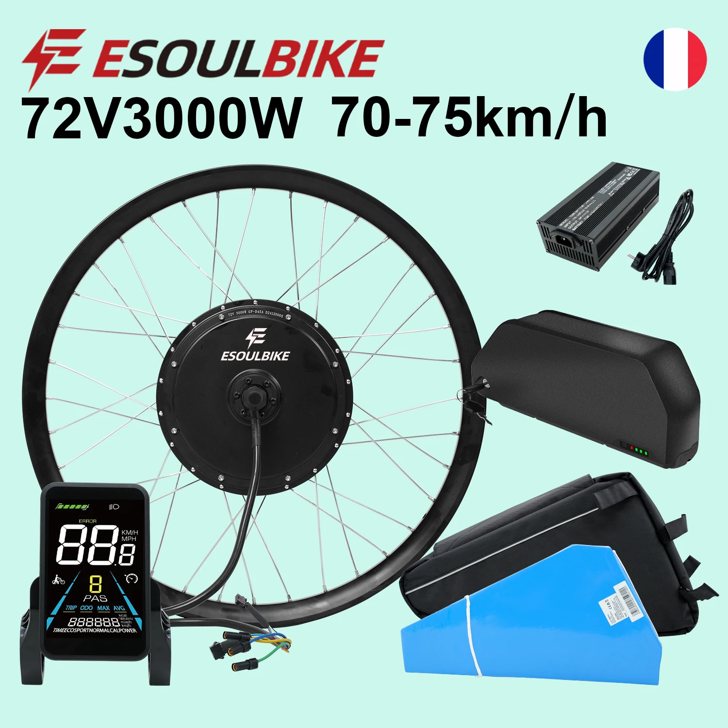 Kit de conversion de vélo électrique à propulsion arrière ESOULBIKE 72V 3000W Moteur de moyeu Kit de vélo électrique 26 27,5 28 29 700C Roue avec batterie 30Ah