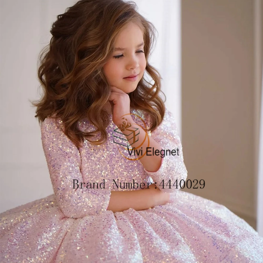 Glitter Sequined Flower Girl Dresses for Girls 2023 Summer Tutu Knee Length Wedding Party Gowns Full Sleeve فساتين اطفال للعيد