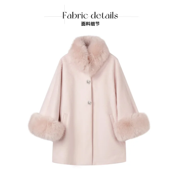 Abrigo de lana con cuello de piel rosa para mujer, dulce japonés, dulce, manga acampanada, capa, abrigo de lana