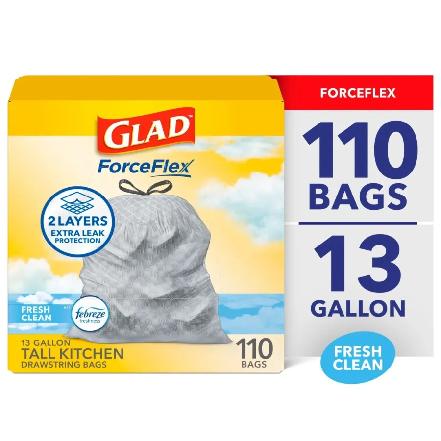 

Мешки для мусора ForceFlex Tall Kitchen Drawstring, 13 галлонов, Fresh Clean, 110 штук, идеально подходят для крупногабаритных кухонных отходов, прочные, устойчивые к протечкам.